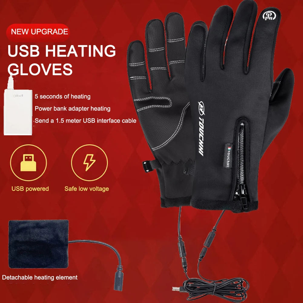 USB Touchscreen Gloves - Electric Heated Winter Gloves, Windproof and Water-Repellent, Perfect for Cycling, Skiing, Driving and Hiking