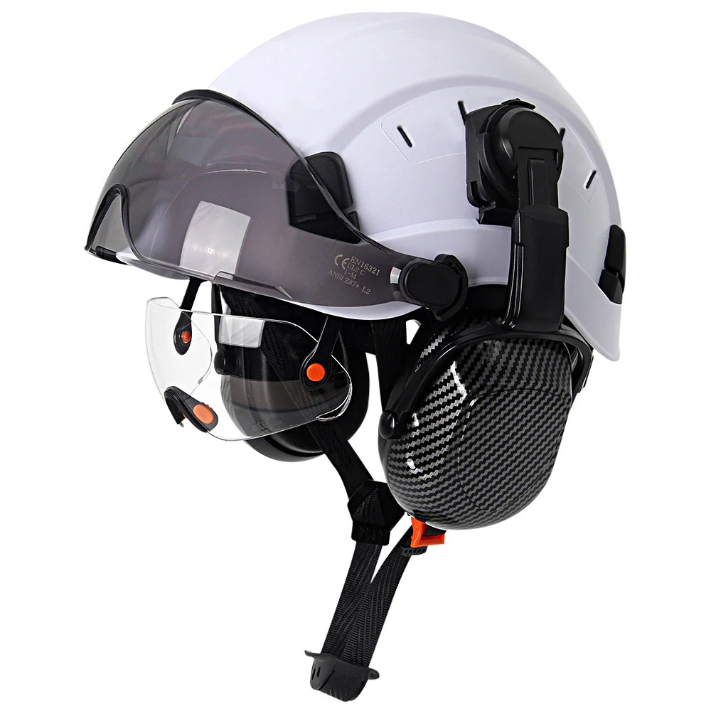 Carbon Fiber Safety Helmet with Visor, Double Goggles and Earmuffs - Industrial Hard Hat for Construction and Climbing