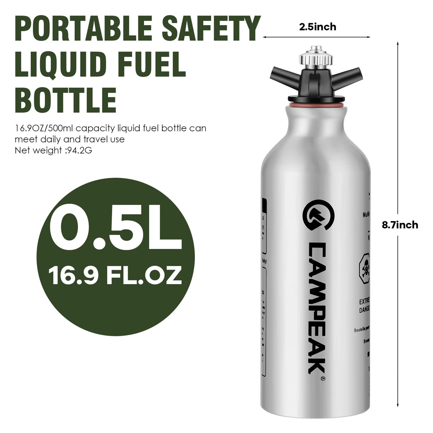 Liquid Fuel Bottle 0.5L / 1L | Veiligheidsventiel voor Outdoor Camping en Multi-Purpose Gebruik
