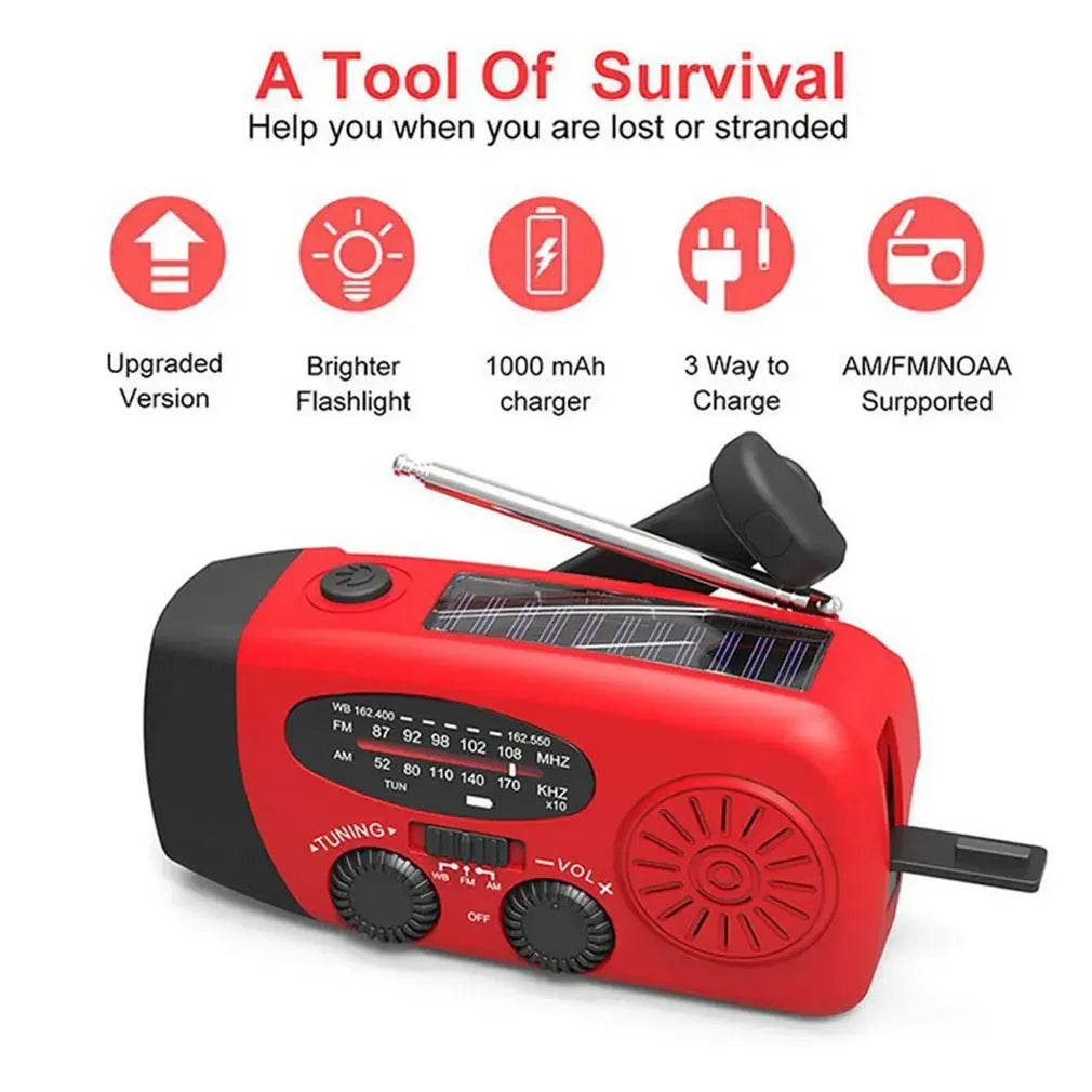 Noodradio met Zonnepaneel en Handkruk - AM/FM/WB Weerradio met LED Zaklamp en Oplader