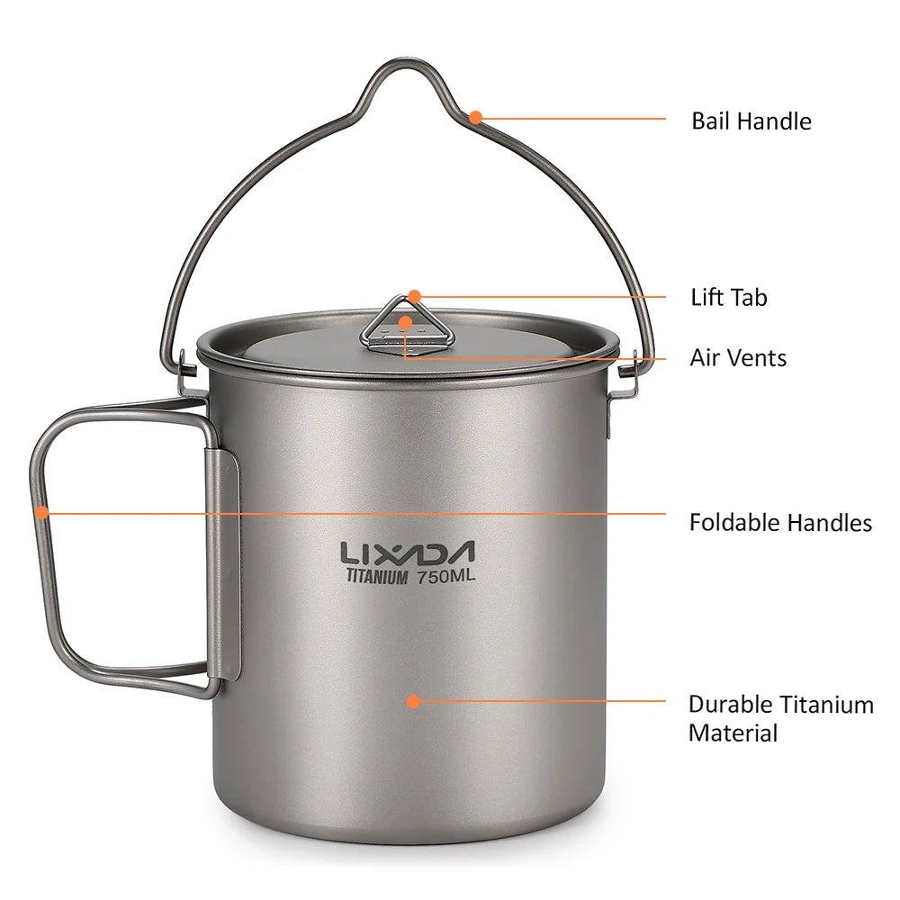 3-delige Titanium Kookset – 750ml Pot, 450ml Beker met Deksel en Opvouwbare Spork voor Outdoor Kamperen en Hiking