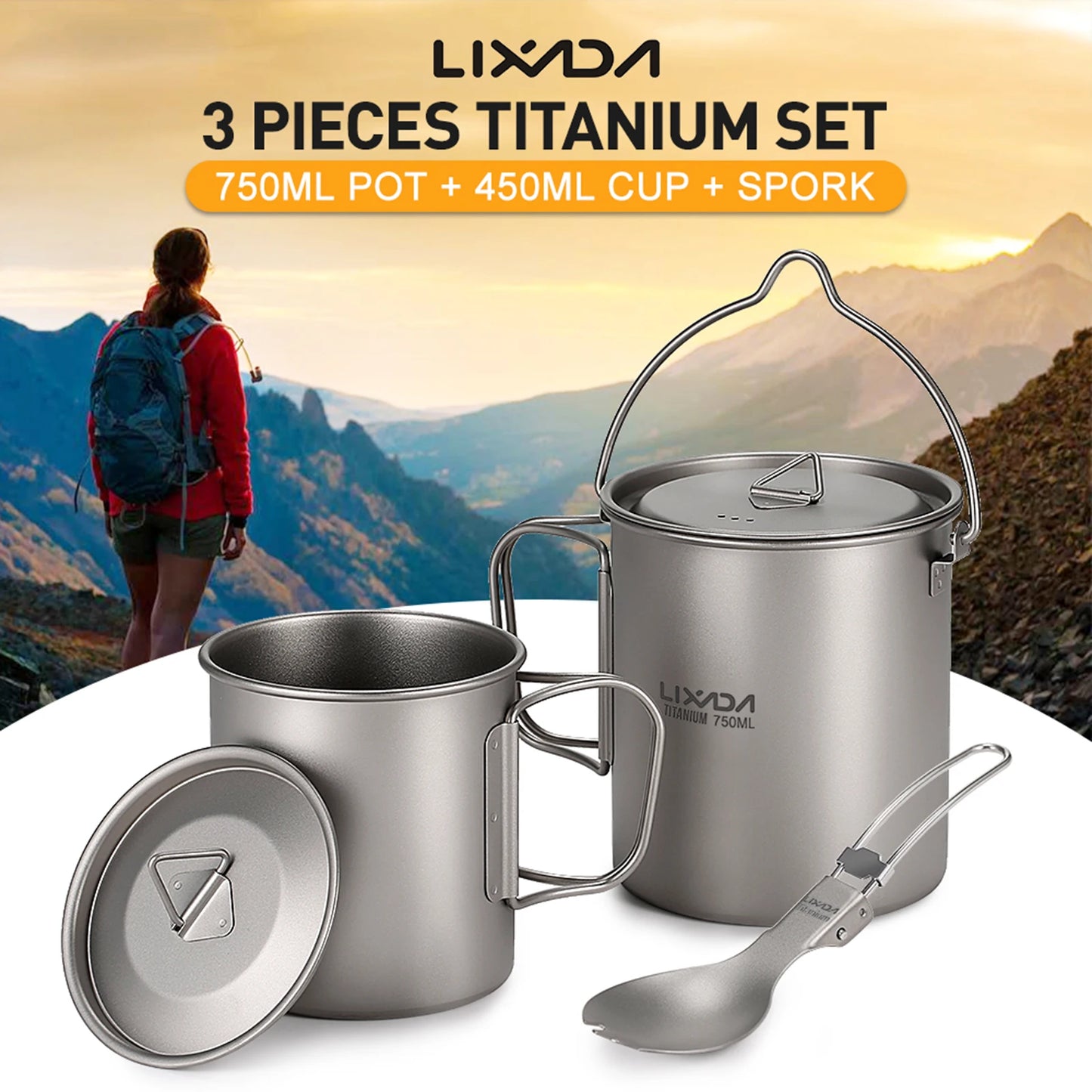 3-delige Titanium Kookset – 750ml Pot, 450ml Beker met Deksel en Opvouwbare Spork voor Outdoor Kamperen en Hiking