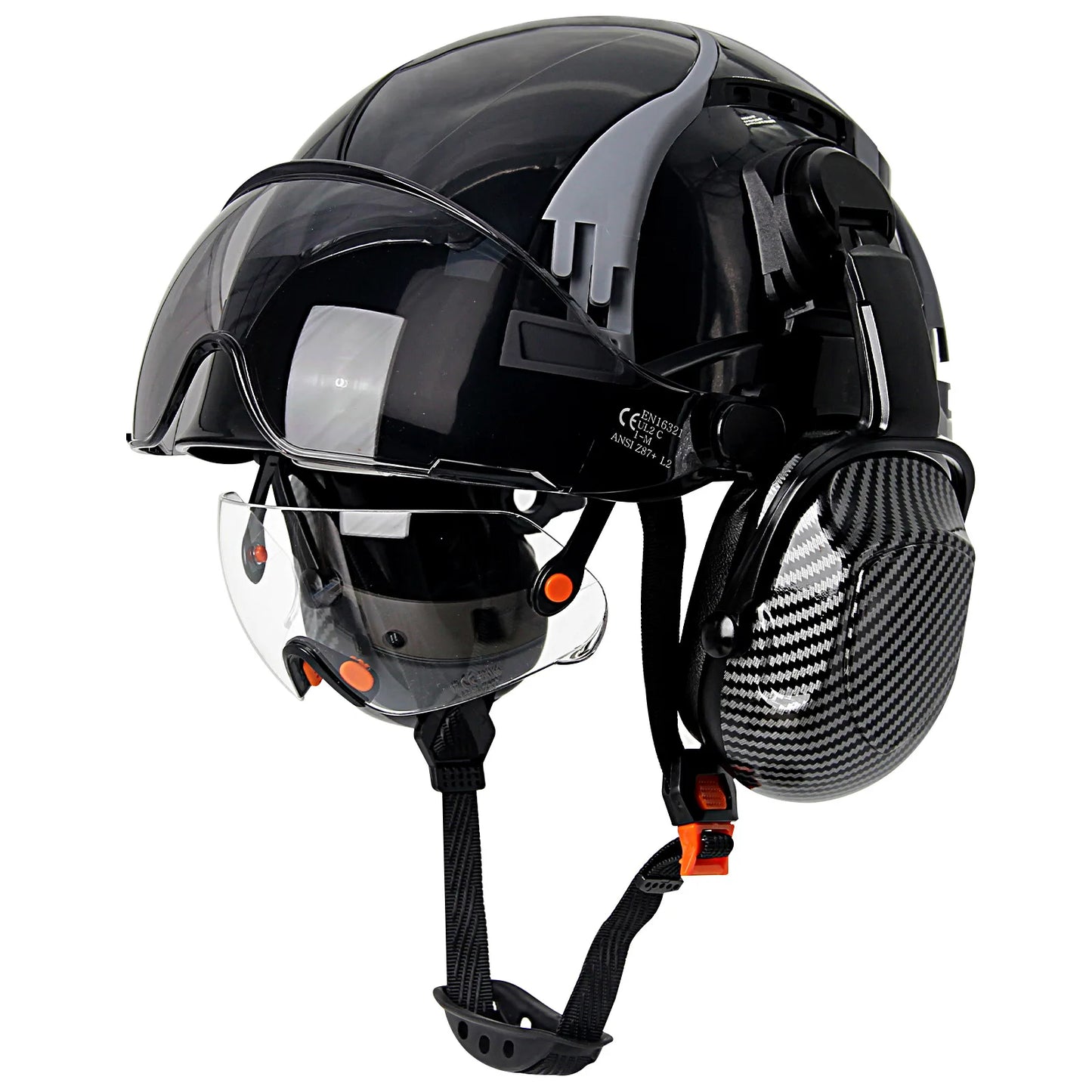 Carbon Fiber Safety Helmet with Visor, Double Goggles and Earmuffs - Industrial Hard Hat for Construction and Climbing