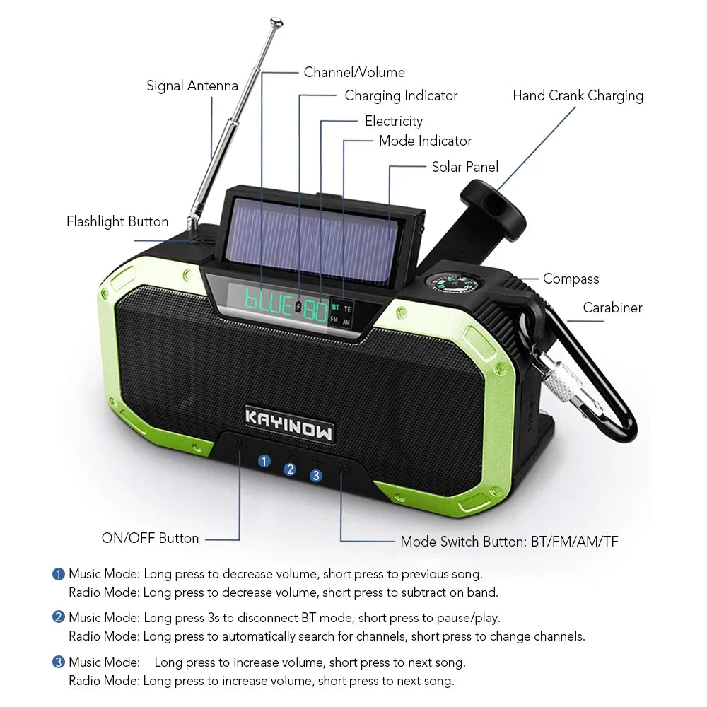 Notfallradio mit Solarpanel und Handkurbel – 5000 mAh Powerbank, Taschenlampe, wasserdicht, Survival-Radio für Camping