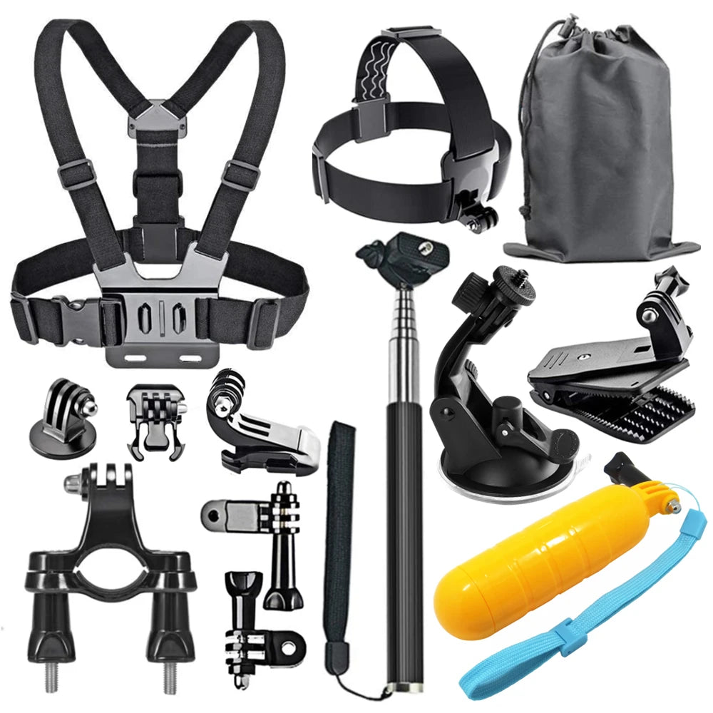 Zubehör-Set für Action-Kameras – geeignet für GoPro Hero 12/11/10, Xiaomi Yi, Insta360 X3/X4 – inklusive Gehäuse, Halterungen und Selfie-Stick