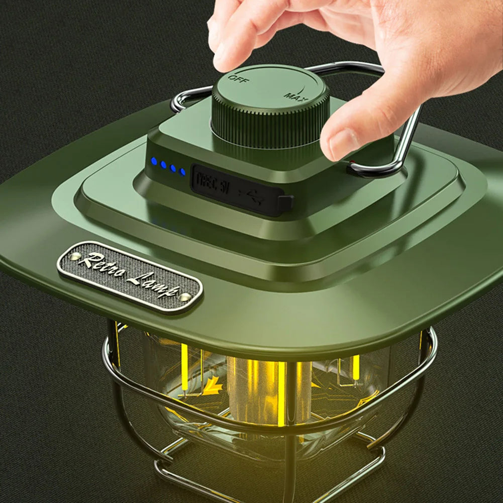 LED Retro Camping Lantaarn | Waterdicht | Type-C Oplaadbaar | Hanglamp met Haak & Batterij Indicator