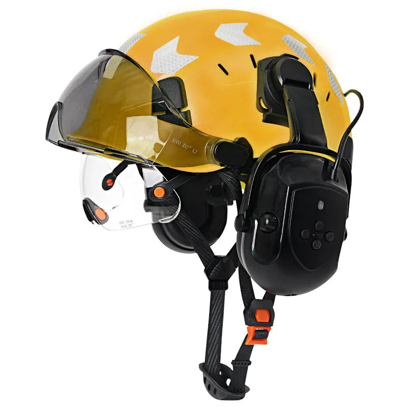 Construction Safety Helmet with Bluetooth 5.0 – Noise Cancelling Earmuffs, Visor & Reflective Stickers, CE Certified