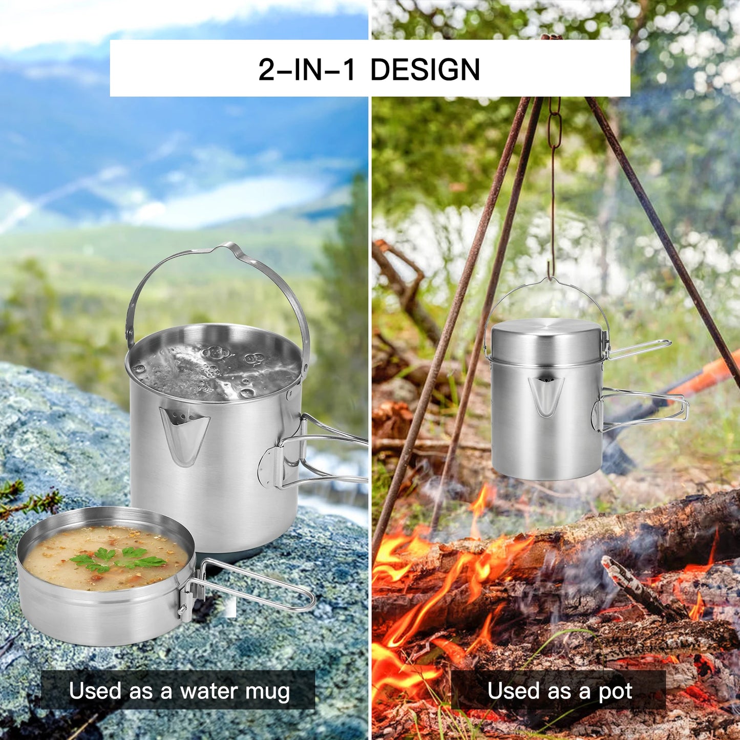 1 l Camping-Wasserkocher aus Edelstahl – tragbarer Outdoor-Topf mit klappbarem Griff für Camping und Rucksackreisen