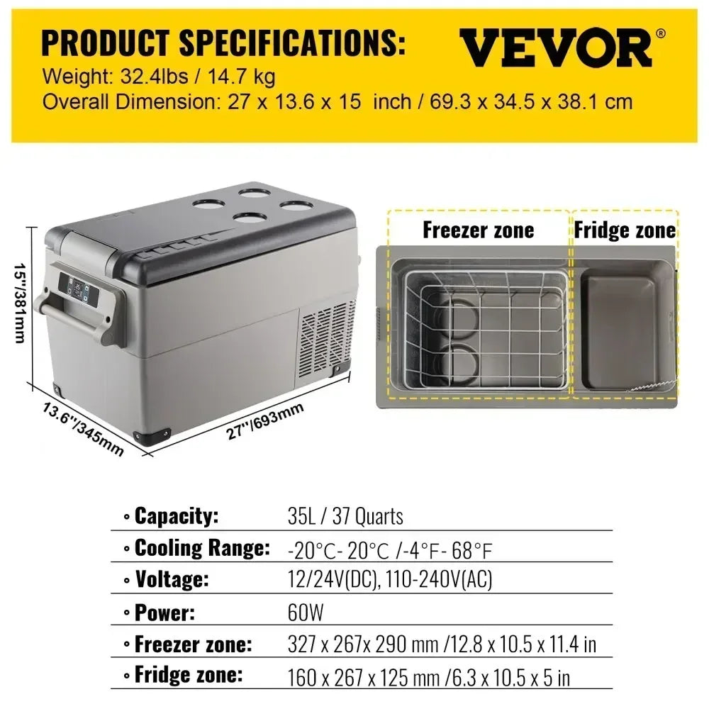 35L-50L Draagbare Autokoelkast – Mini Koelbox met Compressor, 12/24V DC en 110-240V AC, Ideaal voor Camping en Reizen