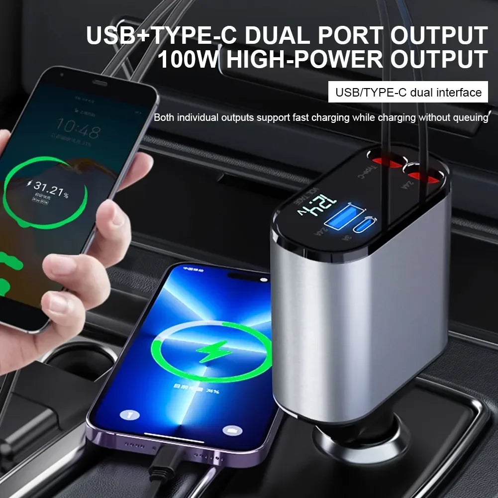 120W 4-in-1 Intrekbare Autolader – USB Type-C Kabel voor iPhone, Xiaomi, Huawei, Samsung Snelladen Sigarettenaanstekeradapter