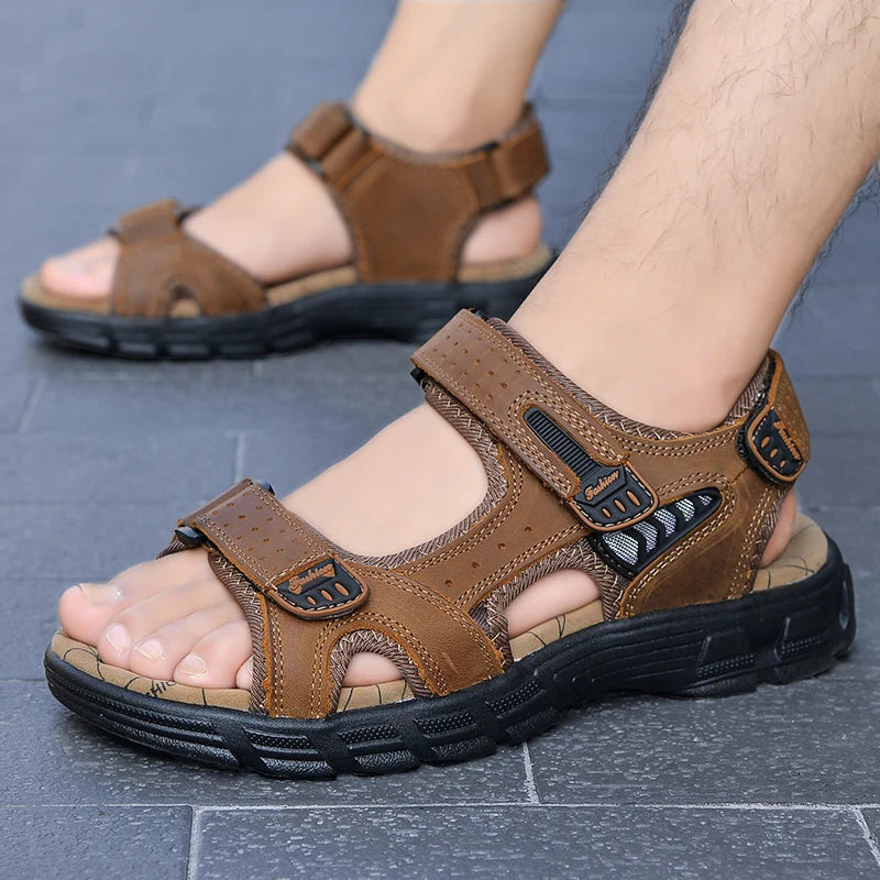 Leren Herensandalen – Lichtgewicht Outdoor Casual Sandalen met Klittenbandsluiting en Rubberzool, Maten 38-46