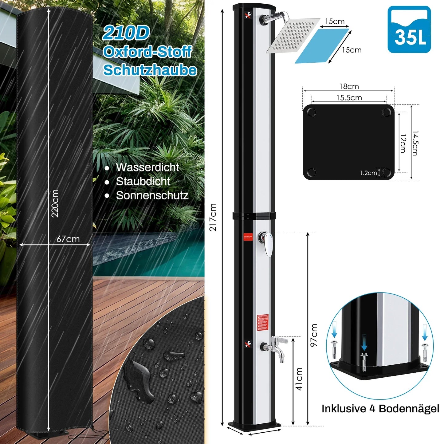 35L/40L Solar Tuindouche – Warm & Koud Water, Aluminium Outdoor Douche voor Zwembad, Tuin & Strand