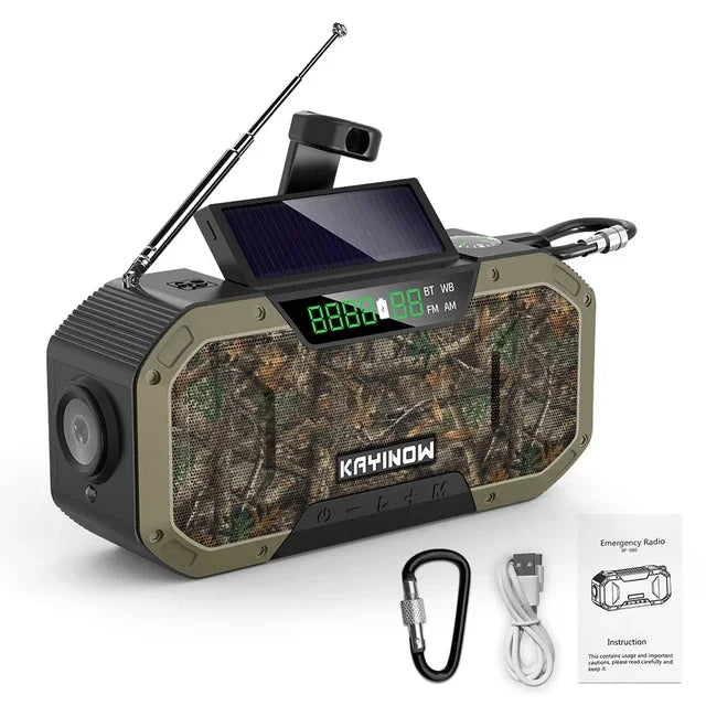 Notfallradio mit Solarpanel und Handkurbel – 5000 mAh Powerbank, Taschenlampe, wasserdicht, Survival-Radio für Camping