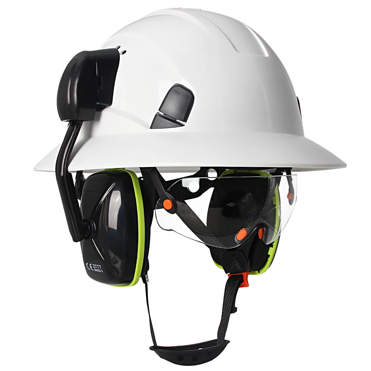 CE Full Brim Veiligheidshelm met Bril & Oorkappen – HDPE Bouwhelm met Zonrand voor Bouw, Olie & Industrie