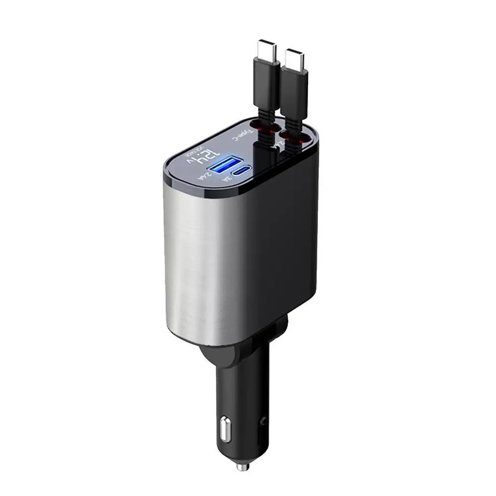 4-in-1 Autoadapter – Intrekbare Kabel, 120W Multi-Poort Universele Lader voor 12V/24V Voertuigen