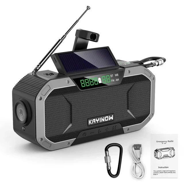 Notfallradio mit Solarpanel und Handkurbel – 5000 mAh Powerbank, Taschenlampe, wasserdicht, Survival-Radio für Camping