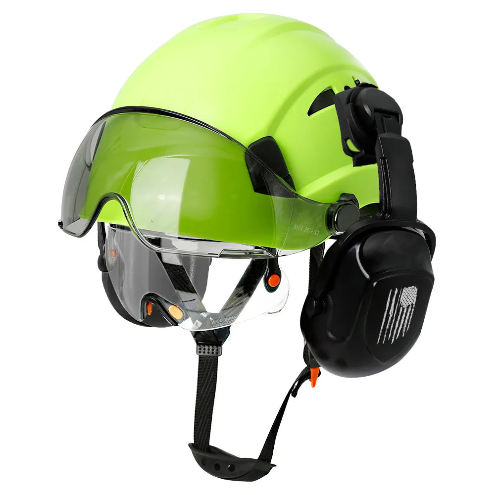 CE Certified Safety Helmet with Visor, Built-in Goggles & Earmuffs – Hard Hat for Engineers & Industrial Work – Head Protection to ANSI Standards