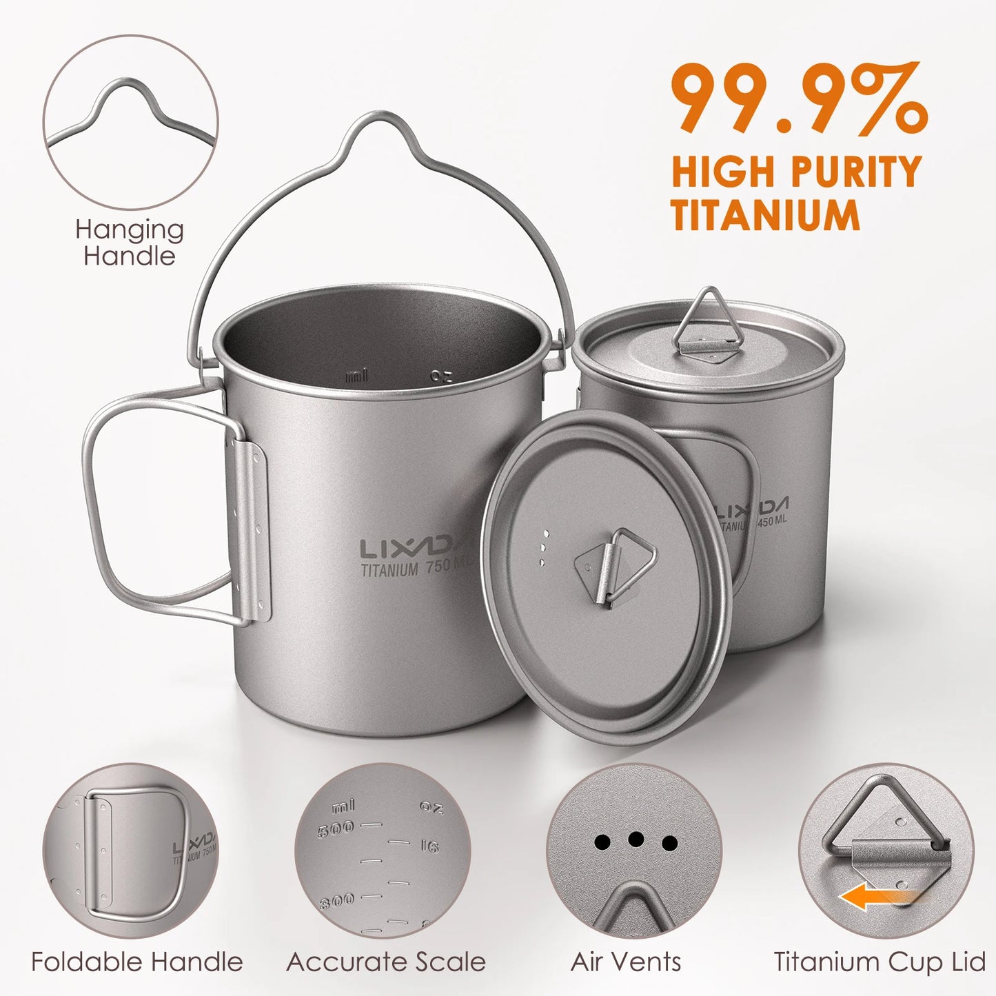 3-delige Titanium Kookset – 750ml Pot, 450ml Beker met Deksel en Opvouwbare Spork voor Outdoor Kamperen en Hiking