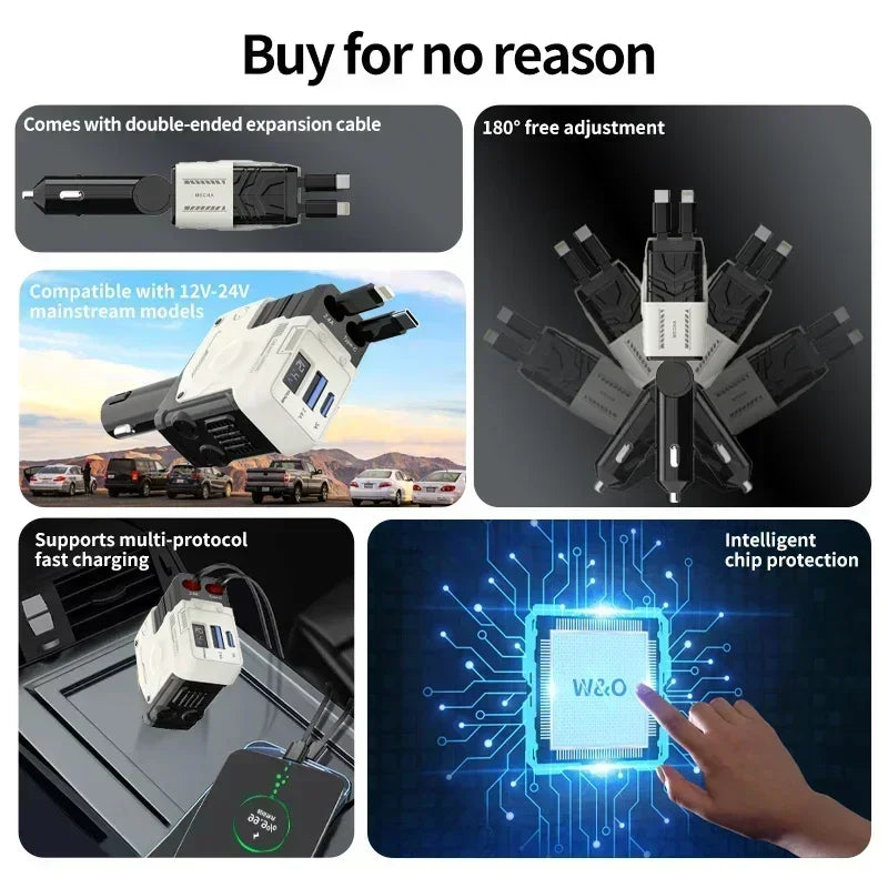 4-in-1 Oplader – Intrekbare Sigarettenaanstekeradapter met USB Type-C en Snelladen