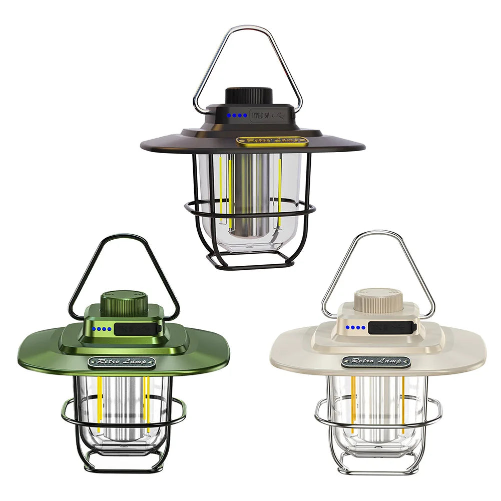 LED Retro Camping Lantaarn | Waterdicht | Type-C Oplaadbaar | Hanglamp met Haak & Batterij Indicator