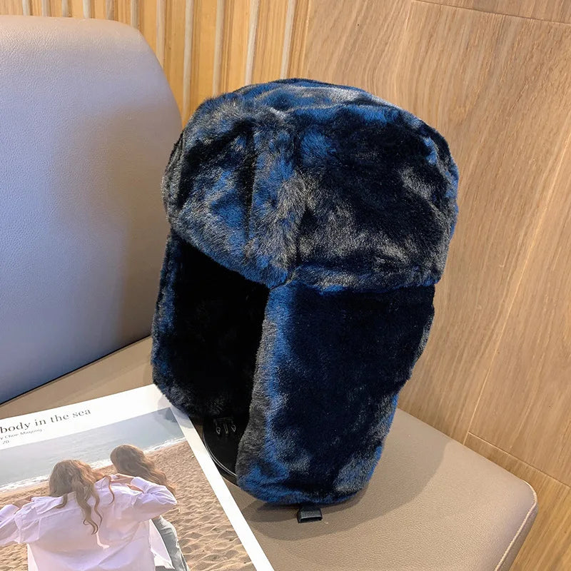 Warme russische Uschanka-Mütze mit Ohrenklappen – Koreanische Mode-Bombermütze für Frauen – Verstellbare Wintermütze mit Kunstfell