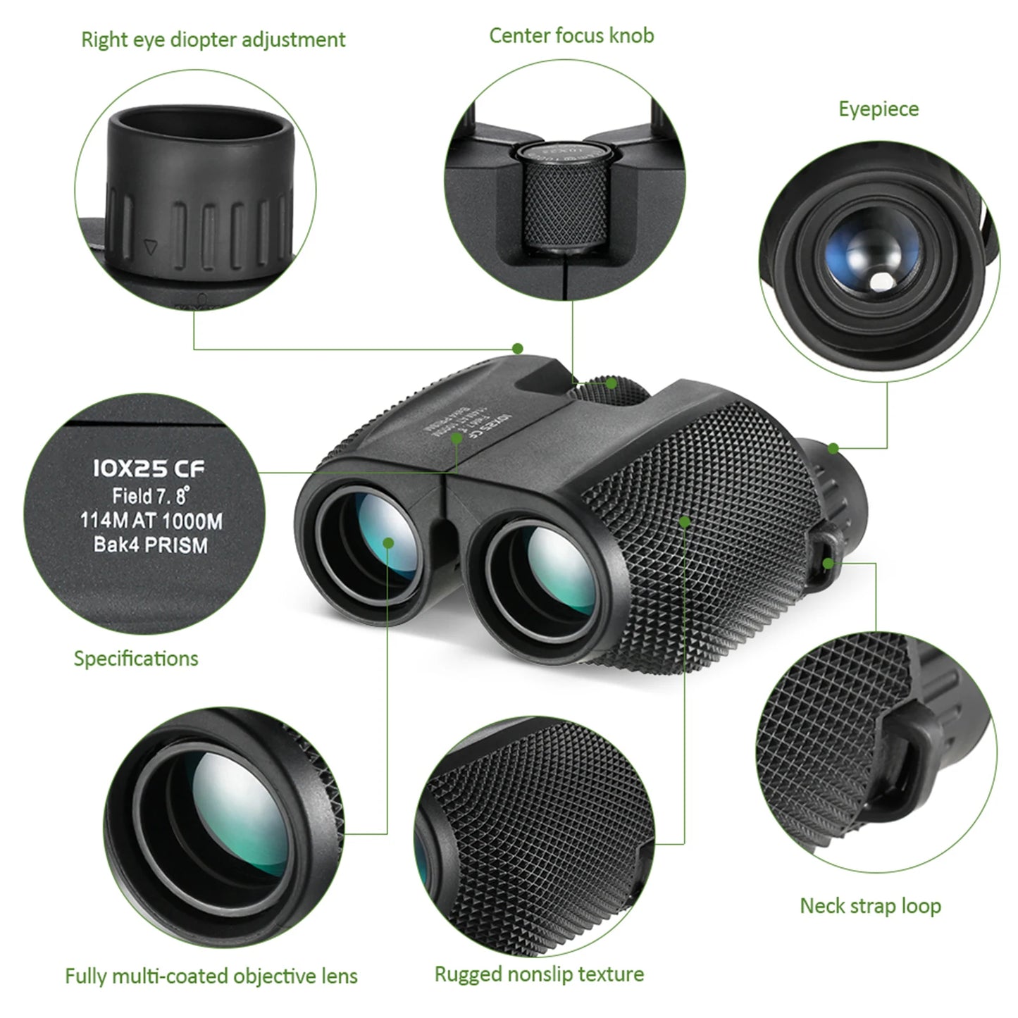10x25 Compacte Verrekijker – Krachtige Outdoor Telescoop voor Vogelspotten, Concerten en Reizen
