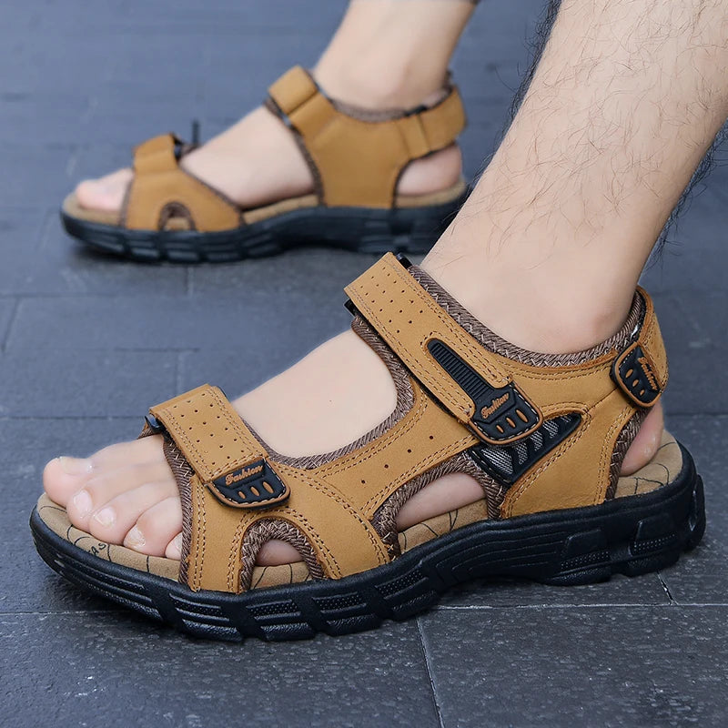Leren Herensandalen – Lichtgewicht Outdoor Casual Sandalen met Klittenbandsluiting en Rubberzool, Maten 38-46