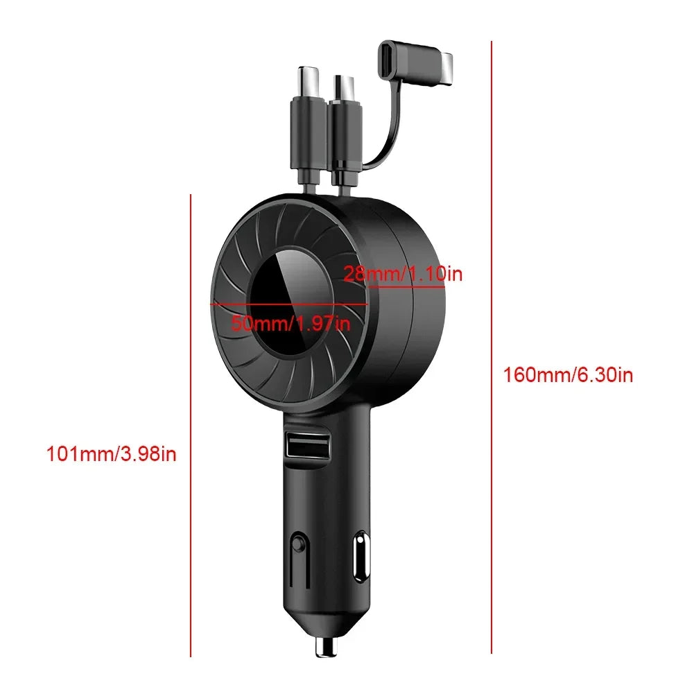 120W 4-in-1 Intrekbare Autolader – USB Type-C Kabel voor iPhone, Xiaomi, Huawei, Samsung Snelladen Sigarettenaanstekeradapter