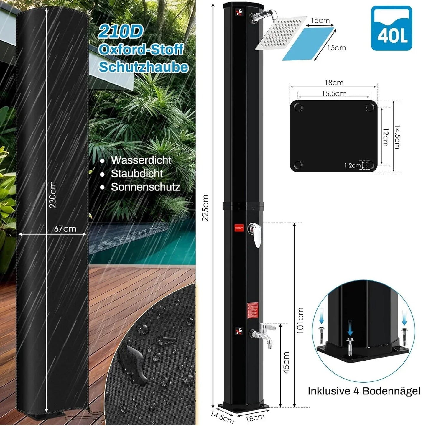 35L/40L Solar Tuindouche – Warm & Koud Water, Aluminium Outdoor Douche voor Zwembad, Tuin & Strand