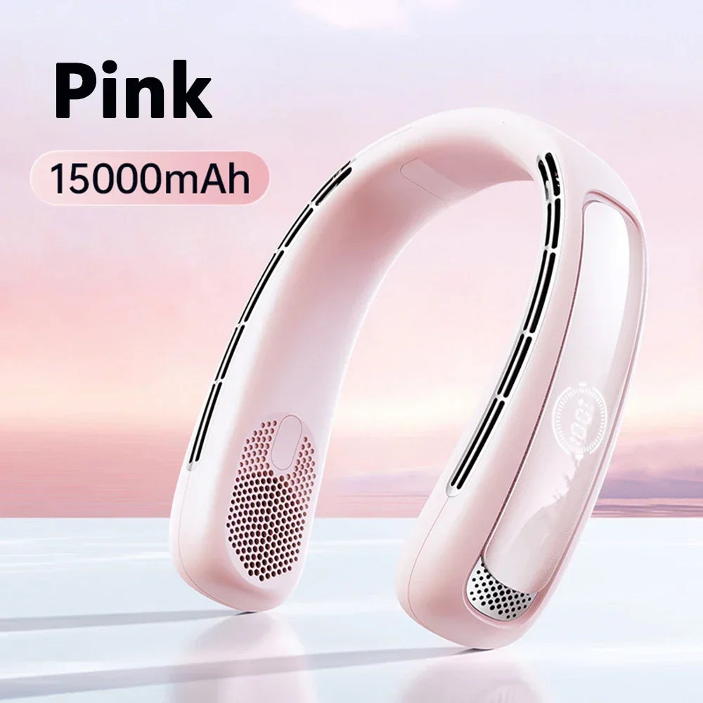 Draagbare Bladloze Nekventilator – 15000mAh Oplaadbare Neck Fan met Slim Display | Stille Handsfree Koeling voor Sport & Outdoor