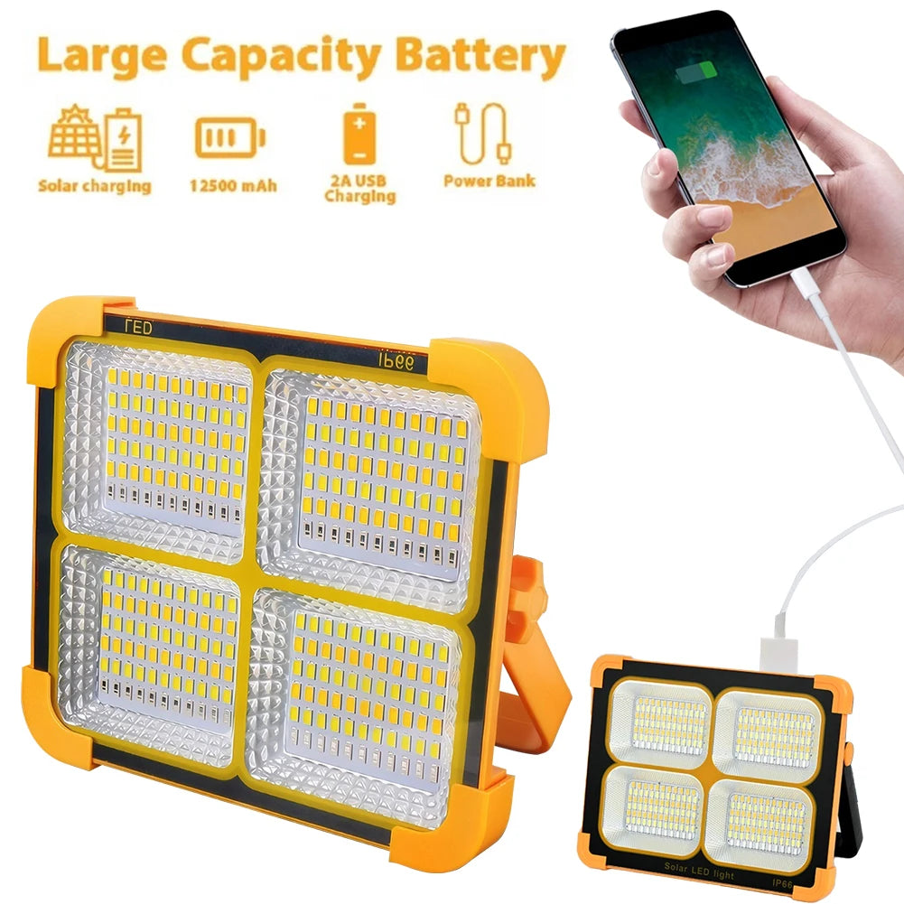 400W LED Solar Floodlight – IP66 Waterdicht, Oplaadbare Campinglamp met USB & Standaard