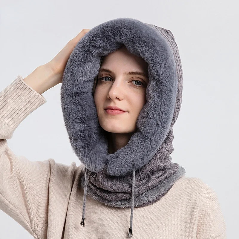 Winter-Pelzmützen-Set mit Gesichtsmaske – gestrickter Kaschmir-Halswärmer für Damen, Ski- und winddichte Outdoor-Mütze