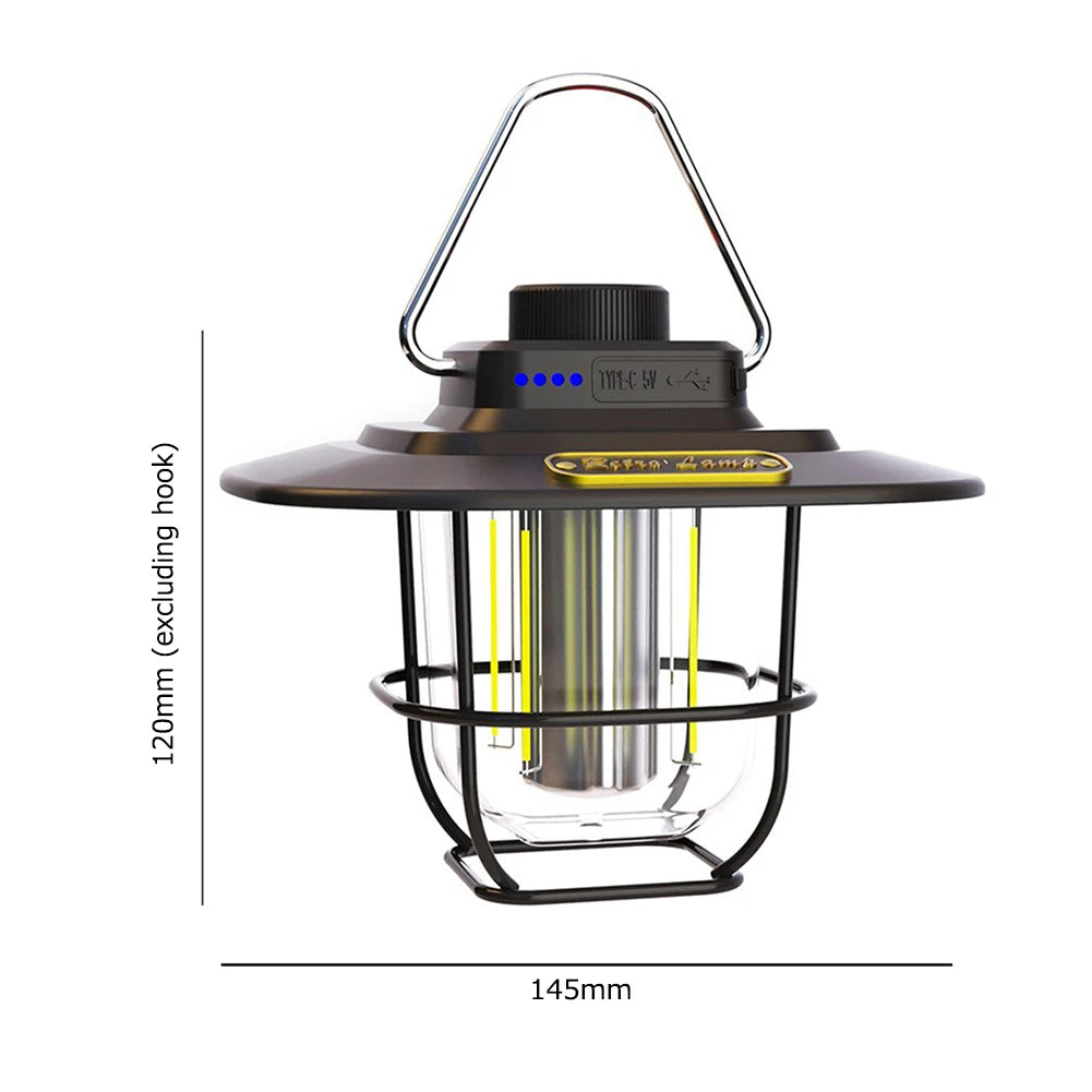 LED Retro Camping Lantaarn | Waterdicht | Type-C Oplaadbaar | Hanglamp met Haak & Batterij Indicator