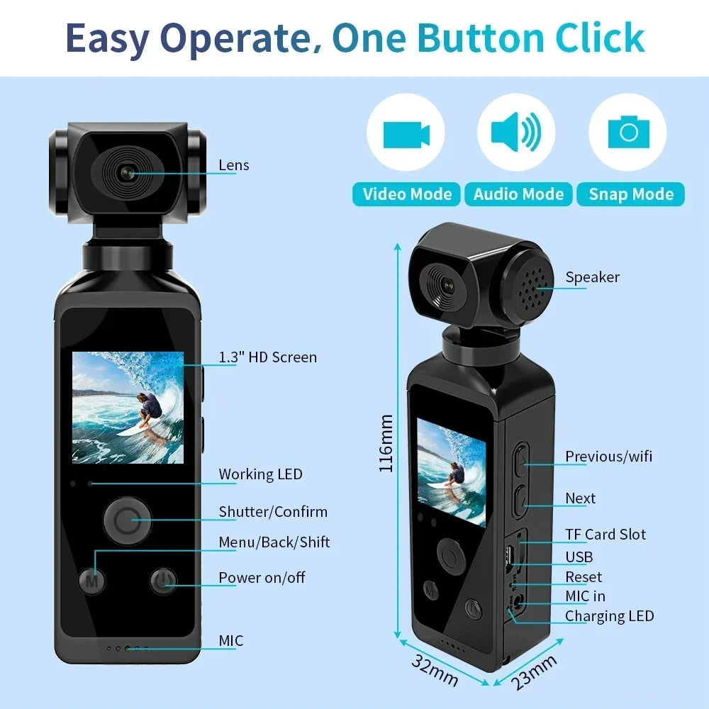 4K Ultra HD Pocket Action Camera - 270° Rotatable Vlog Wifi Mini Sports Camera with Waterproof Housing