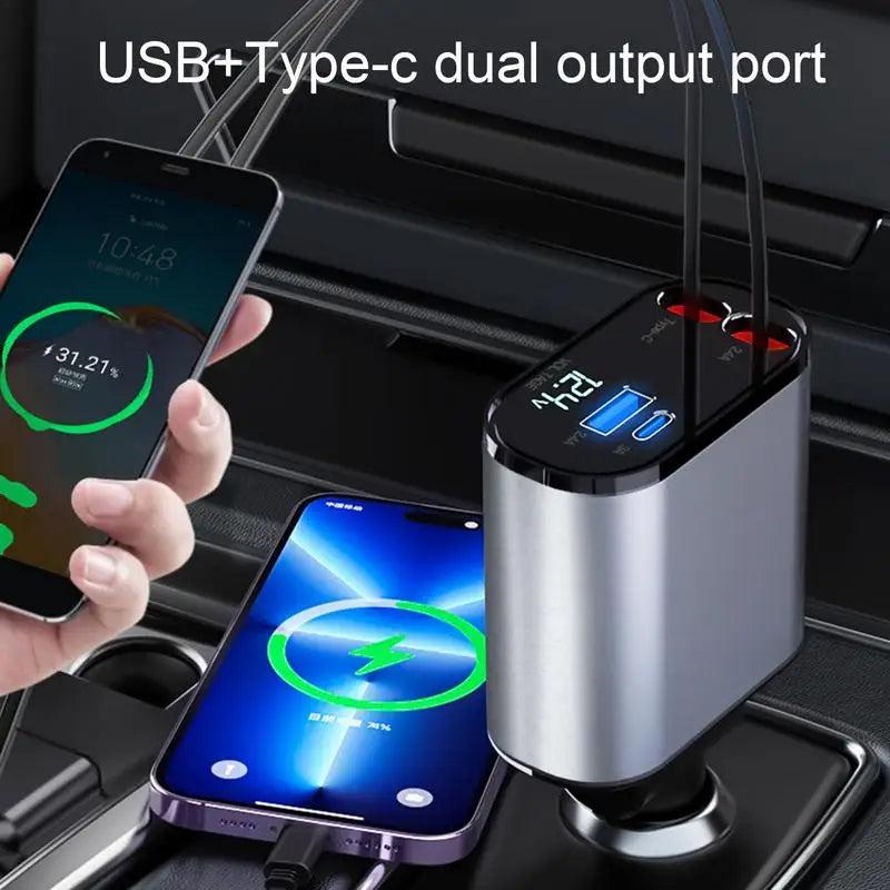 4-in-1 Autoadapter – Intrekbare Kabel, 120W Multi-Poort Universele Lader voor 12V/24V Voertuigen