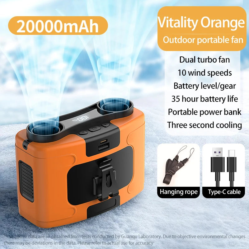 Tragbarer 20000mAh-Ventilator – Starker Wind, Hüft- und Nackenventilator mit Powerbank und LED