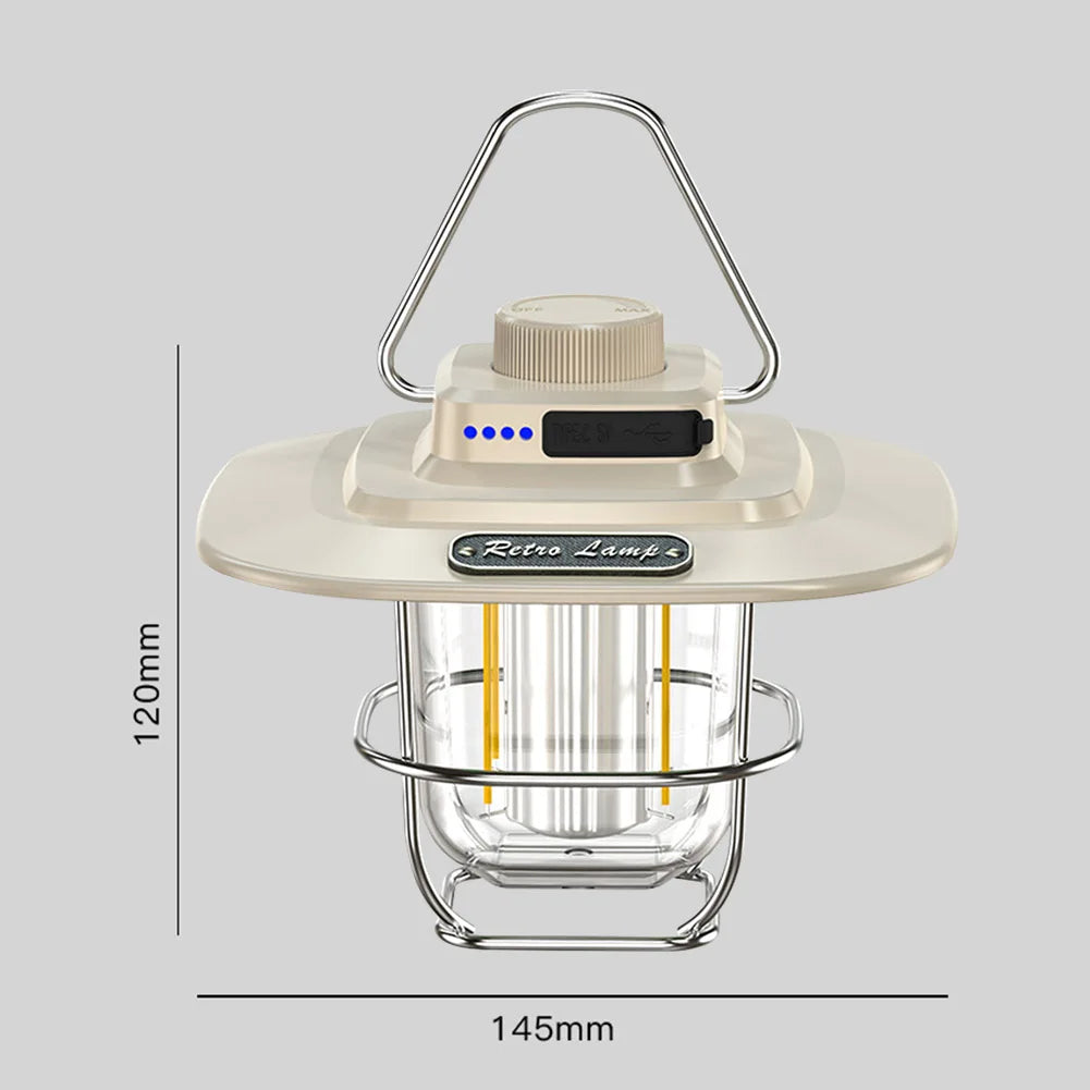 LED Retro Camping Lantaarn | Waterdicht | Type-C Oplaadbaar | Hanglamp met Haak & Batterij Indicator