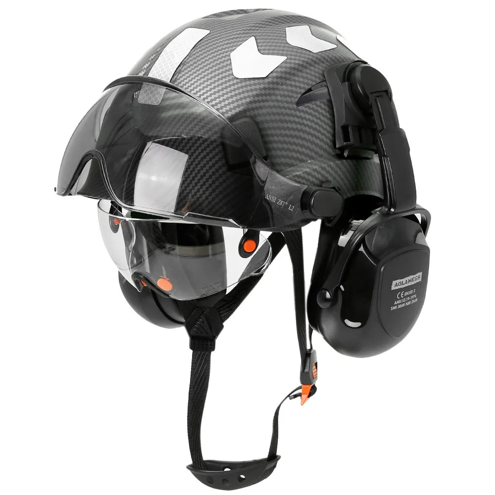 CE Certified Safety Helmet with Visor, Built-in Goggles & Earmuffs – Hard Hat for Engineers & Industrial Work – Head Protection to ANSI Standards