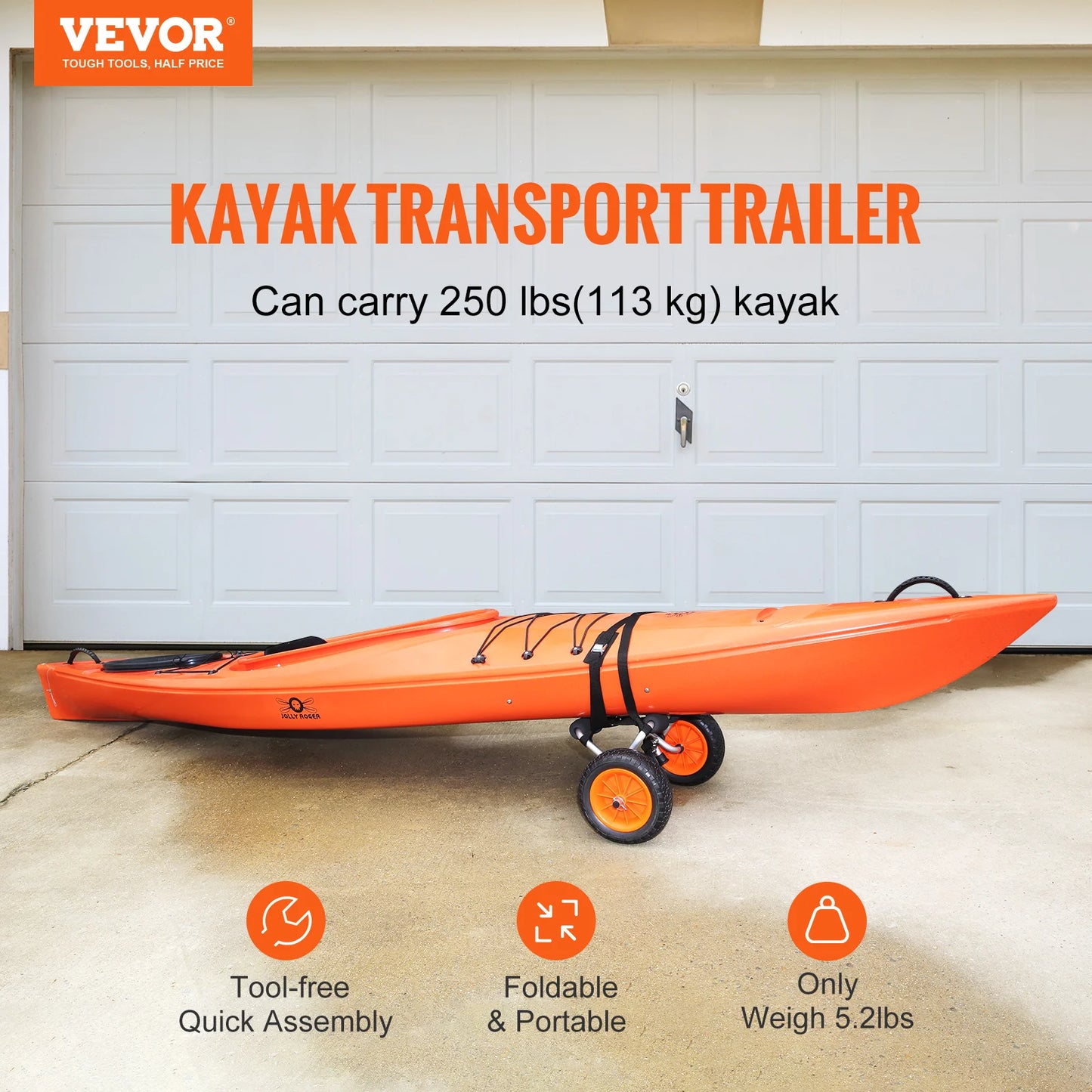Kayak Cart 250 lbs - Vouwbare Canoe Trolley met 10'' Wielen en Steunvoet voor Paddleboards, Vlotmatten en Jon Boats