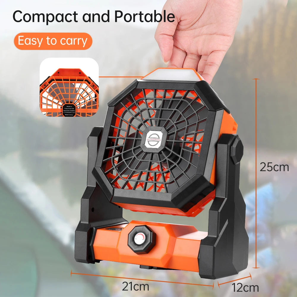 Oplaadbare Camping Ventilator – 7800mAh, 270° Draaibaar, LED Lamp, Stil & Draagbaar | Tafel- & Tentventilator voor Outdoor