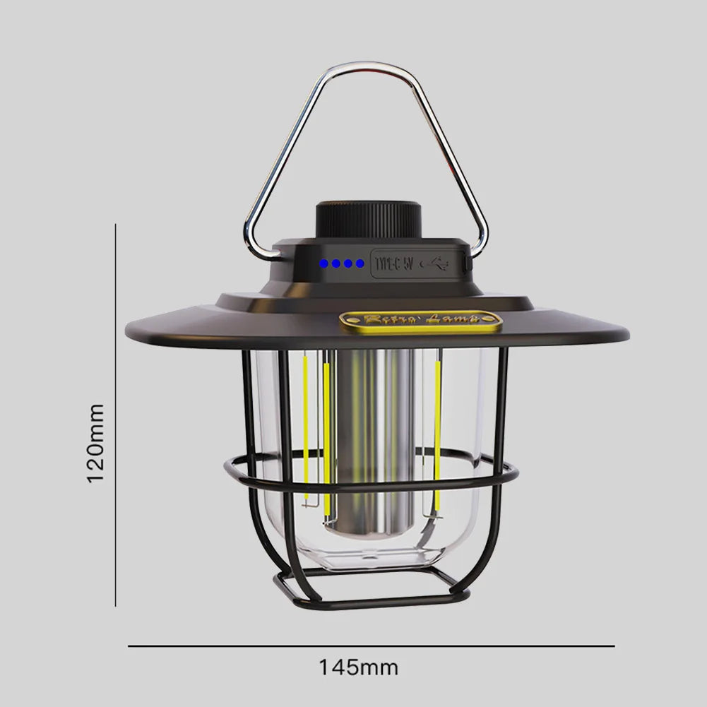 LED Retro Camping Lantaarn | Waterdicht | Type-C Oplaadbaar | Hanglamp met Haak & Batterij Indicator