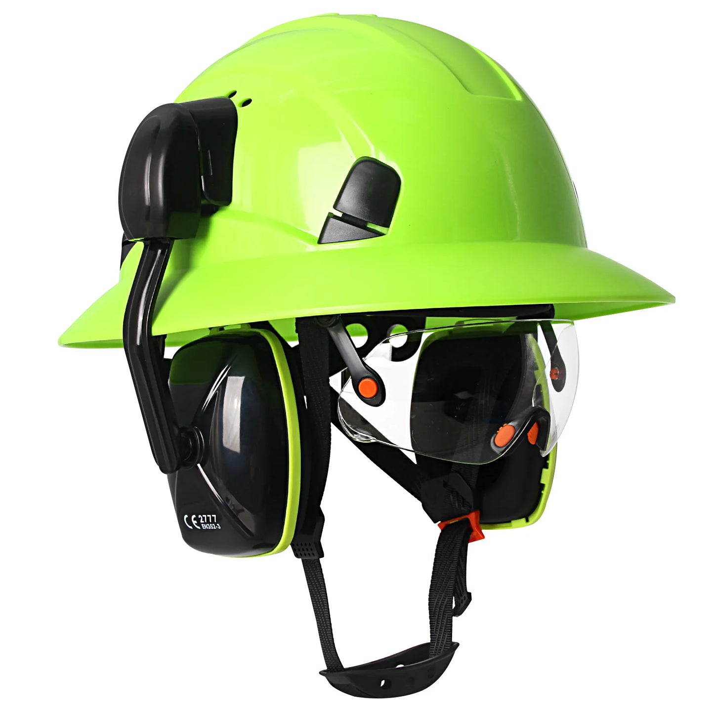 CE Full Brim Veiligheidshelm met Bril & Oorkappen – HDPE Bouwhelm met Zonrand voor Bouw, Olie & Industrie