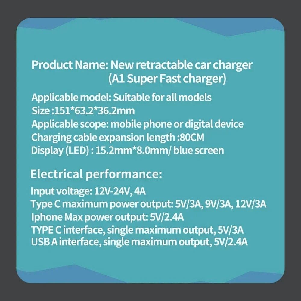 4-in-1 Oplader – Intrekbare Sigarettenaanstekeradapter met USB Type-C en Snelladen