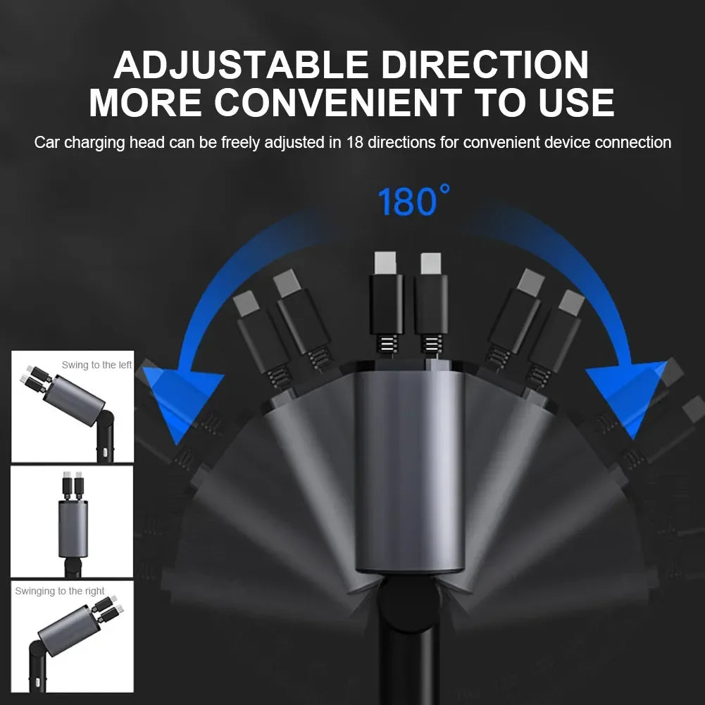 120W 4-in-1 Intrekbare Autolader – USB Type-C Kabel voor iPhone, Xiaomi, Huawei, Samsung Snelladen Sigarettenaanstekeradapter