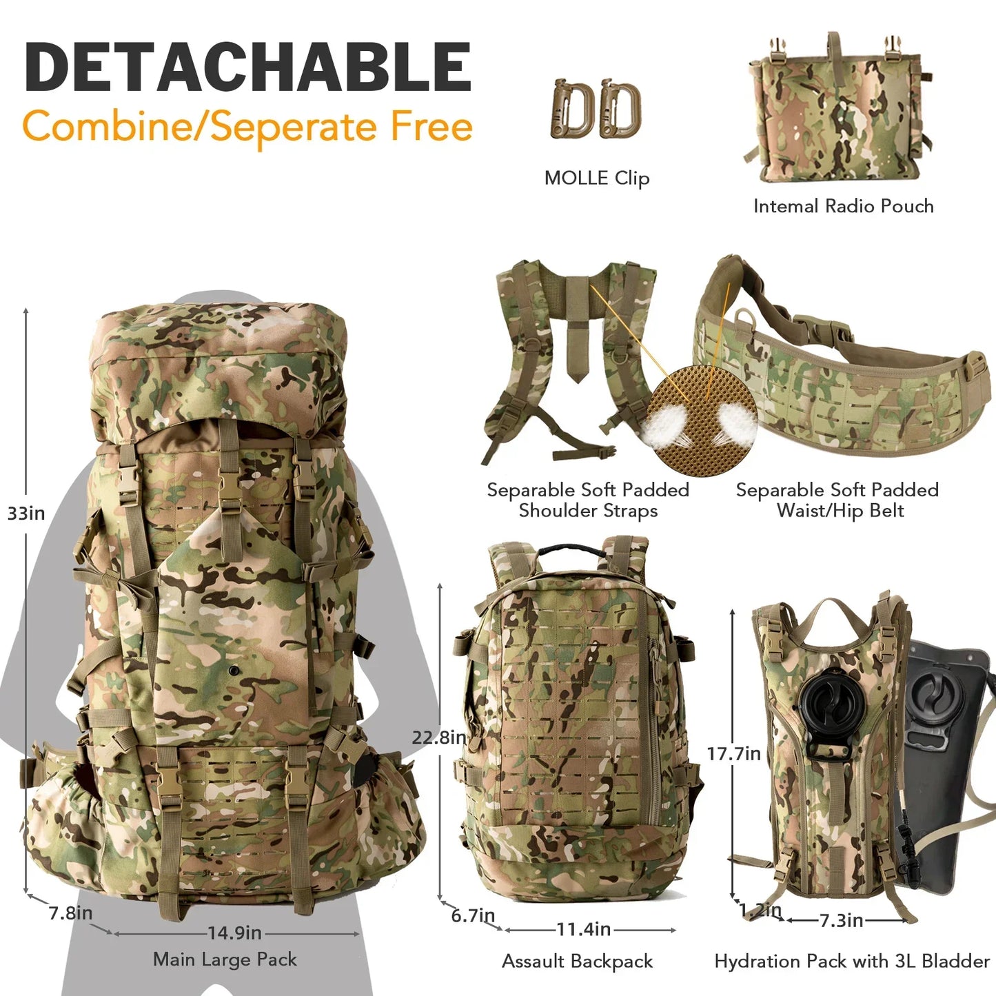 100L Military Tactical Backpack – Waterproof ILBE Army Backpack for Camping & Hiking