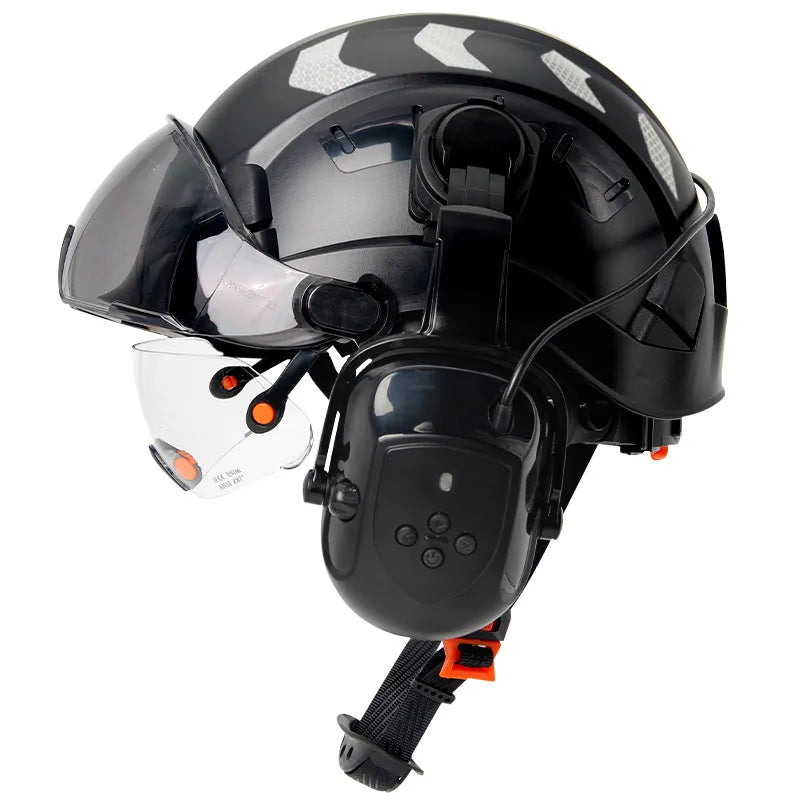 Construction Safety Helmet with Bluetooth 5.0 – Noise Cancelling Earmuffs, Visor & Reflective Stickers, CE Certified