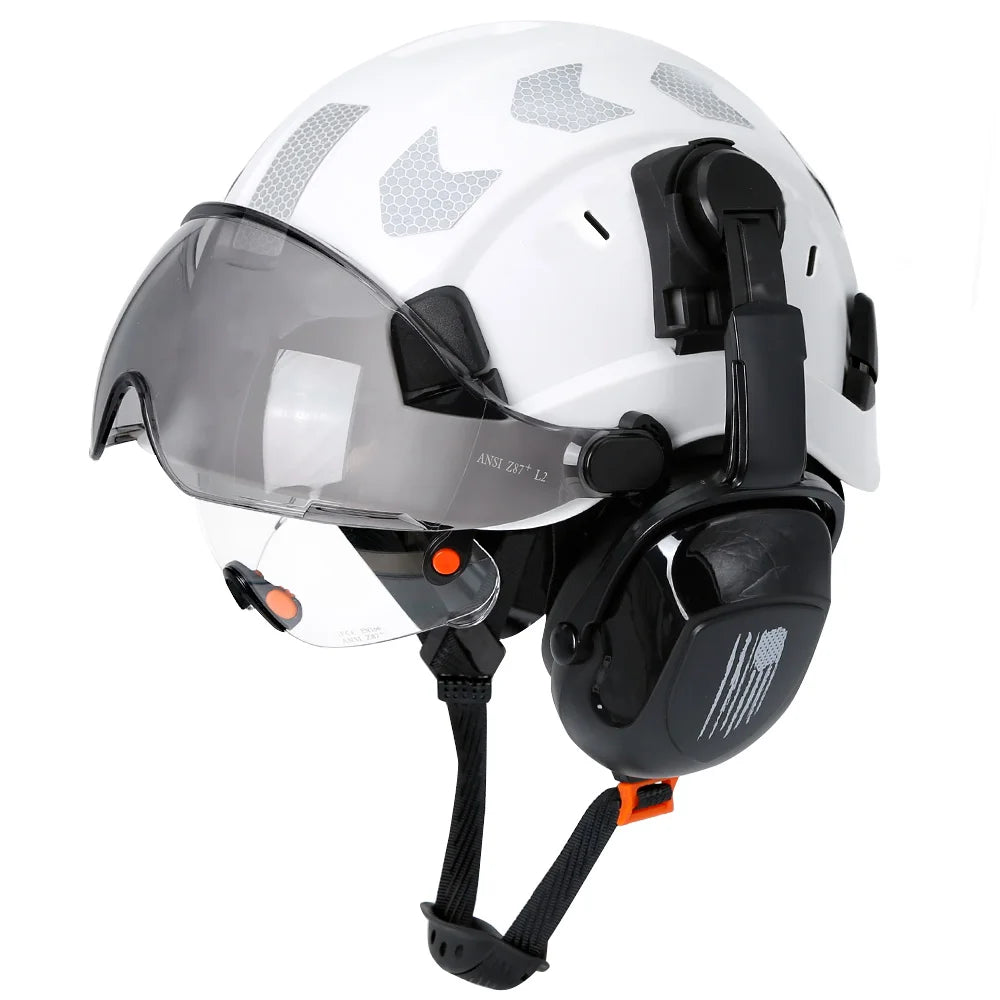 CE Certified Safety Helmet with Visor, Built-in Goggles & Earmuffs – Hard Hat for Engineers & Industrial Work – Head Protection to ANSI Standards