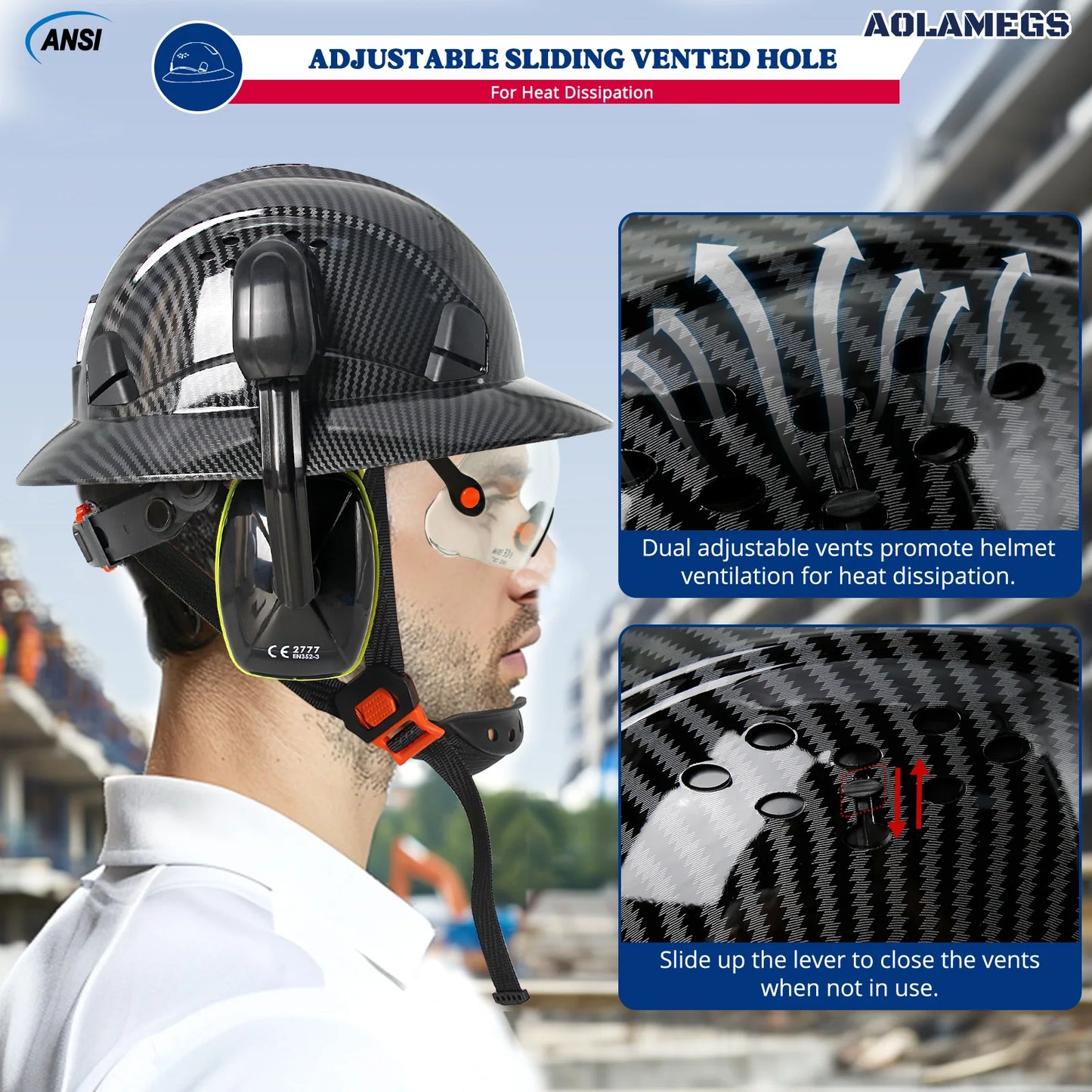 CE Full Brim Veiligheidshelm met Bril & Oorkappen – HDPE Bouwhelm met Zonrand voor Bouw, Olie & Industrie