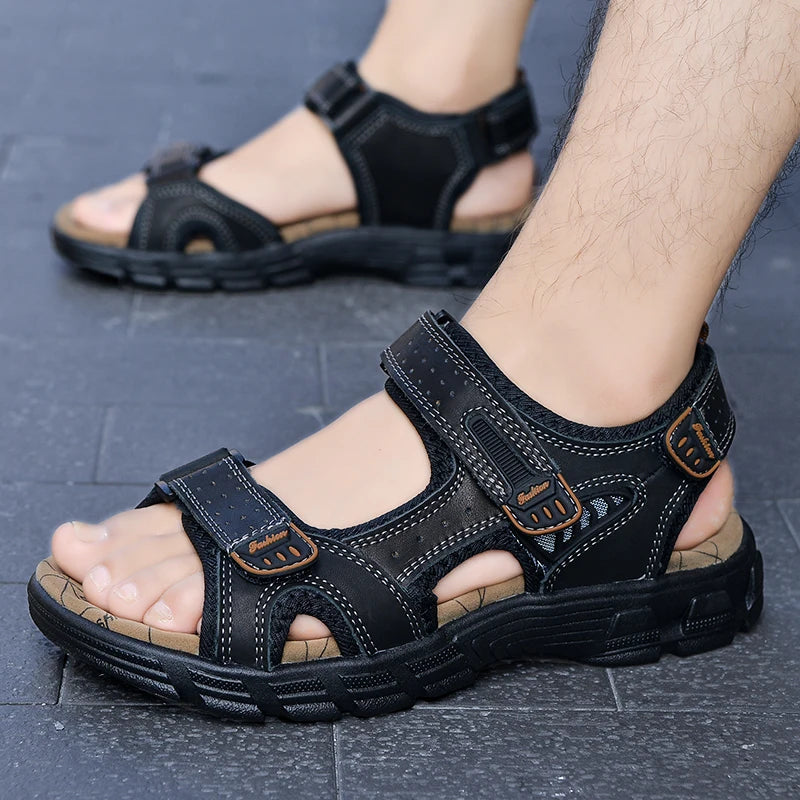 Leren Herensandalen – Lichtgewicht Outdoor Casual Sandalen met Klittenbandsluiting en Rubberzool, Maten 38-46