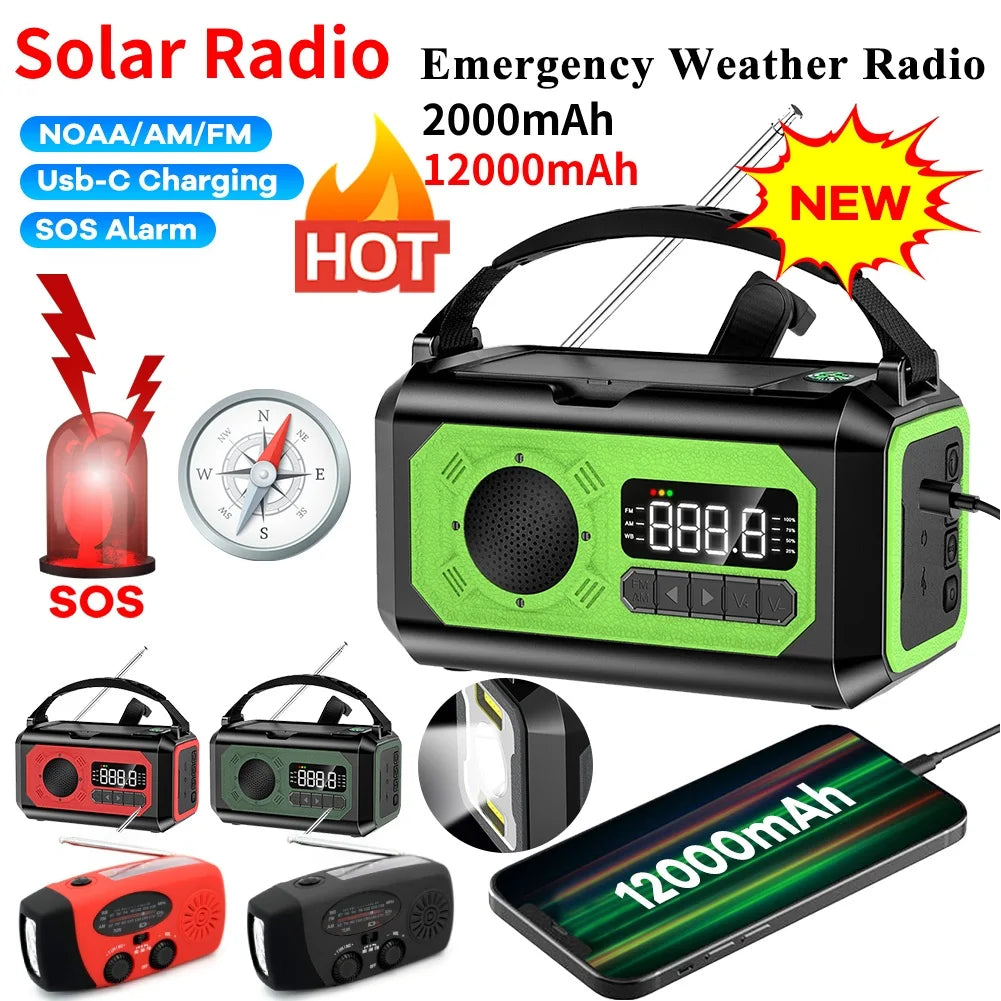 12000mAh Noodradio met Zonnepaneel & Crank – Draagbare AM/FM Radio, Powerbank & Zaklamp voor Outdoor Survival